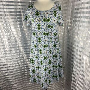 LuLaRoe Carly Green/Blue/White Graphic Print Dress